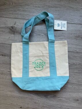 Trader Joe's Cream and Light Blue Canvas Tote